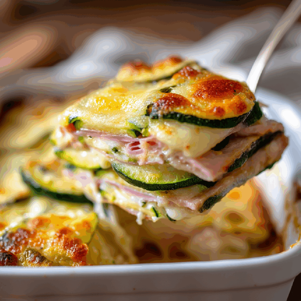 Parmigiana di zucchine, prosciutto cotto e scamorza