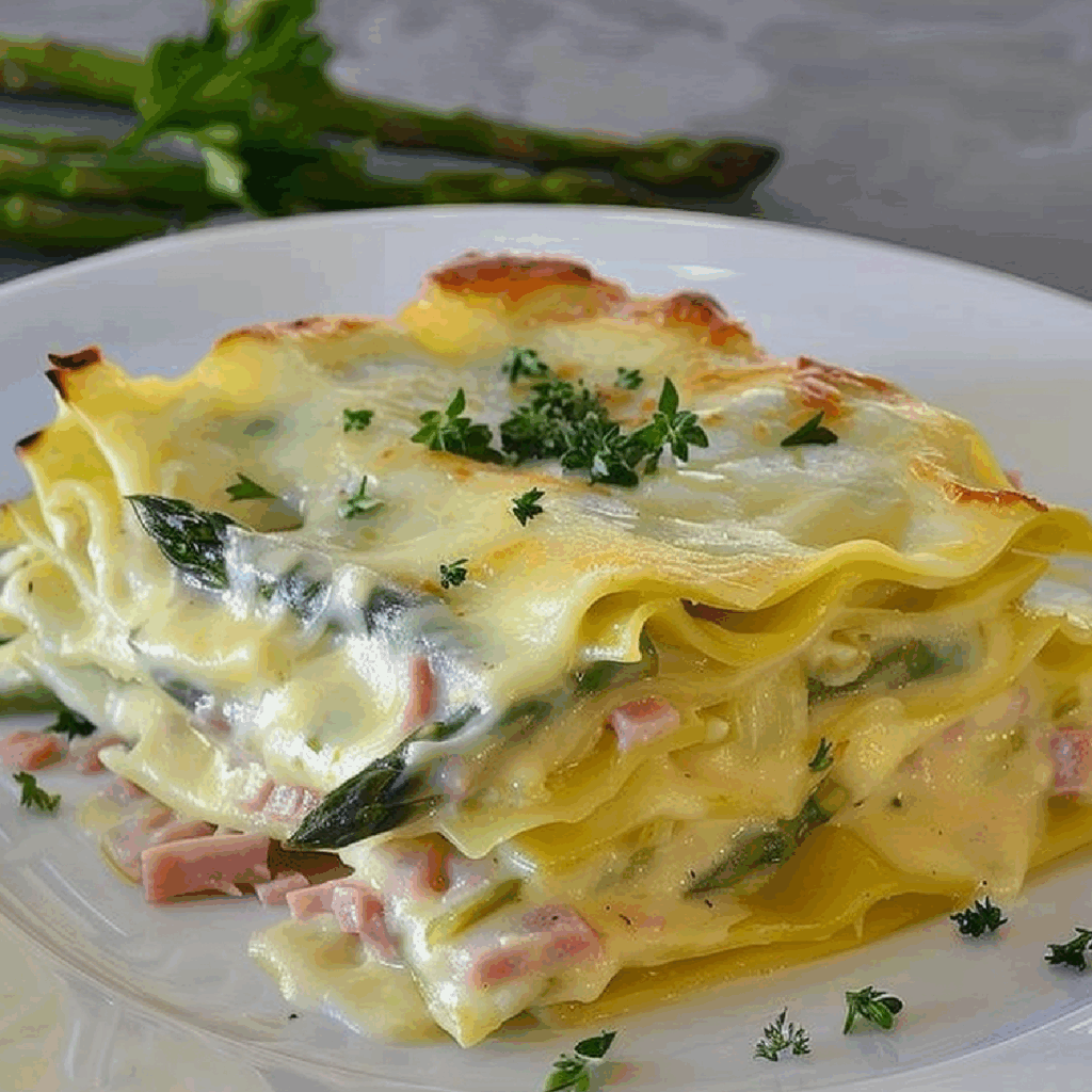 Lasagne con asparagi, prosciutto cotto e formaggio