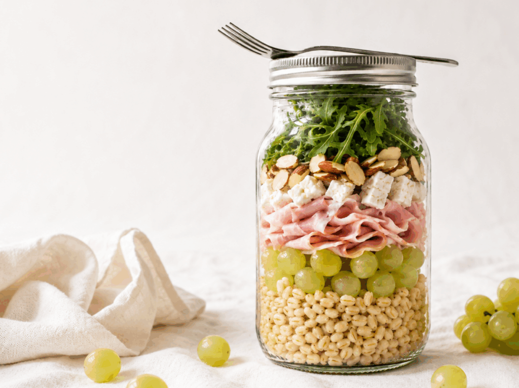 link customizzati Jar salad con Prosciutto Cotto, orzo e uva bianca