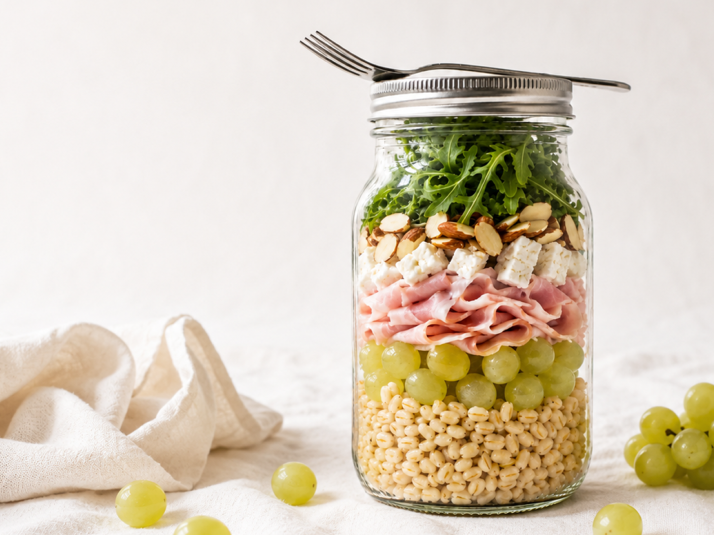 link customizzati Jar salad con Prosciutto Cotto, orzo e uva bianca