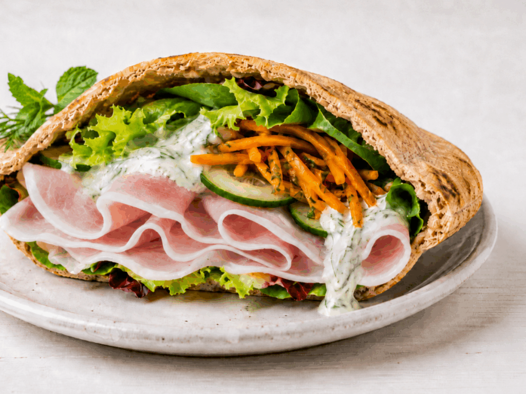 Pita con prosciutto cotto, salsa yogurt e carote marinate