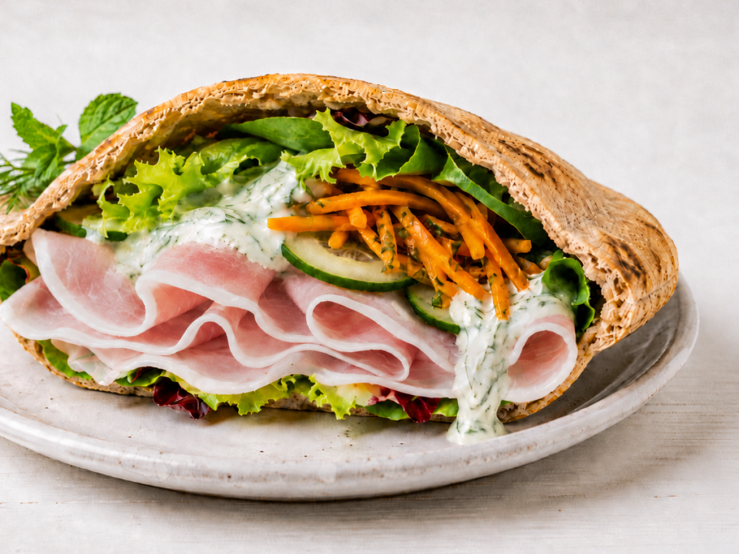 Pita con prosciutto cotto, salsa yogurt e carote marinate