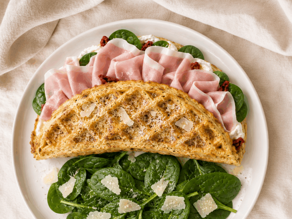 Waffle salati con Prosciutto Cotto, robiola e pomodori secchi
