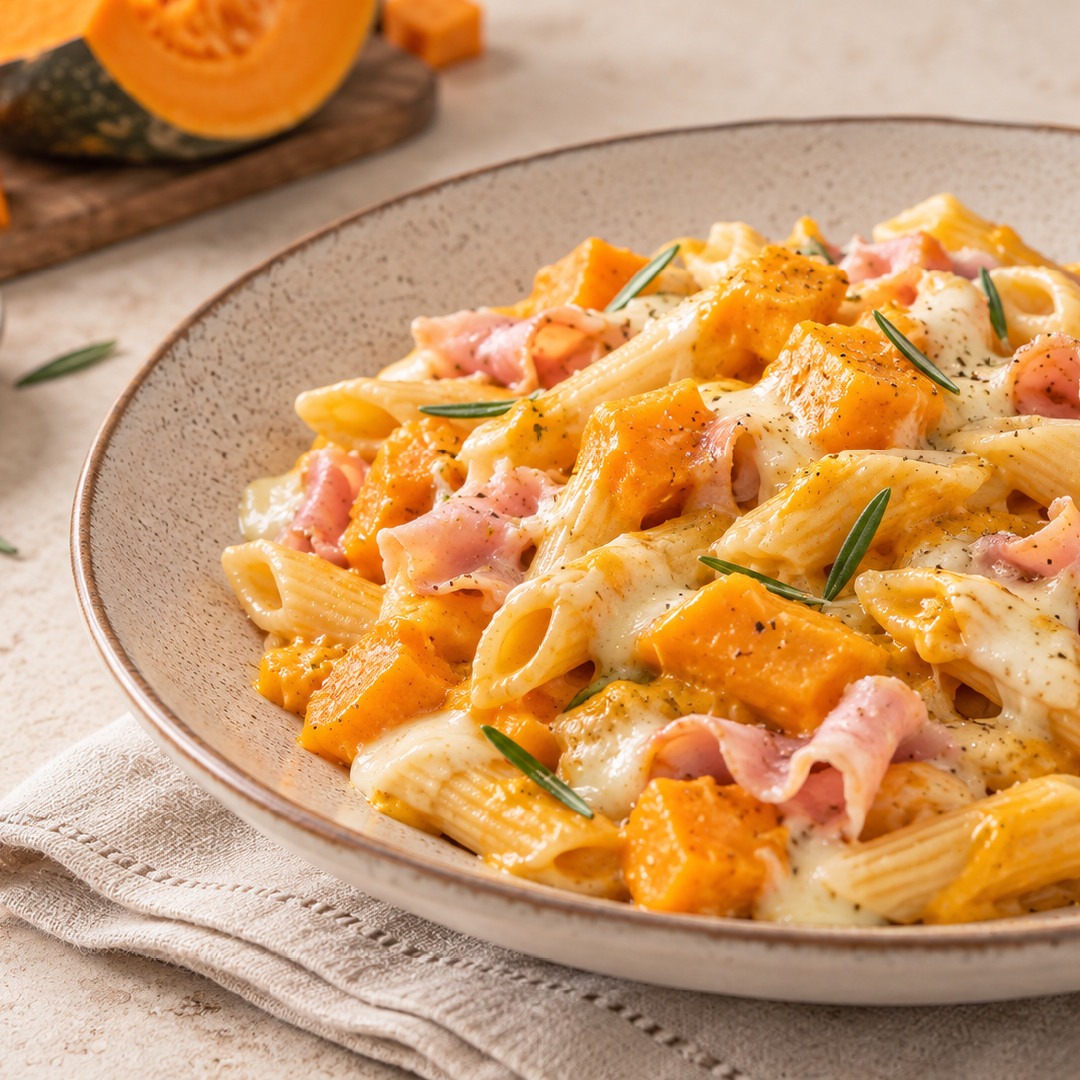 pasta con zucca, prosciutto cotto e taleggio